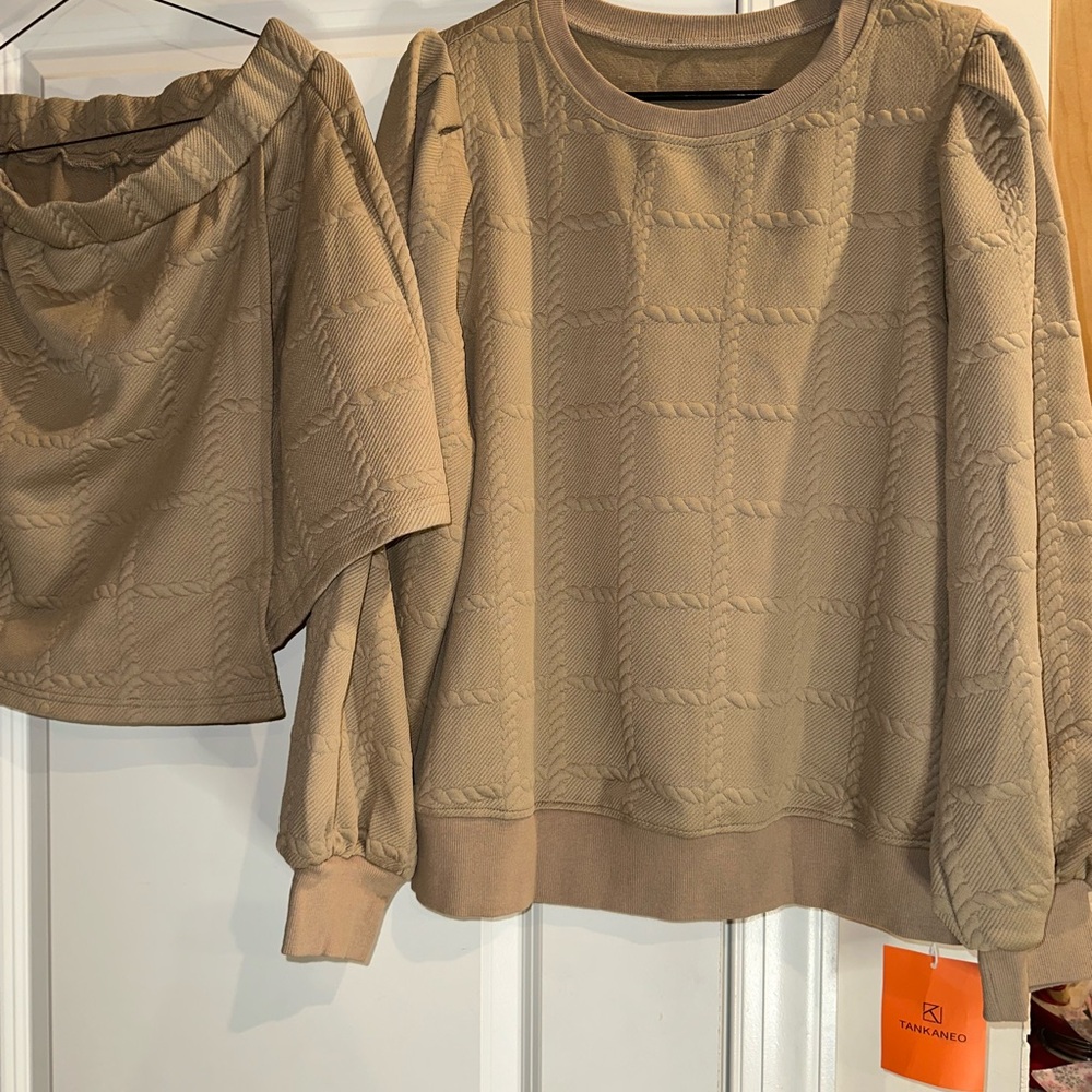 Tan Textured Sweater and Skort Set